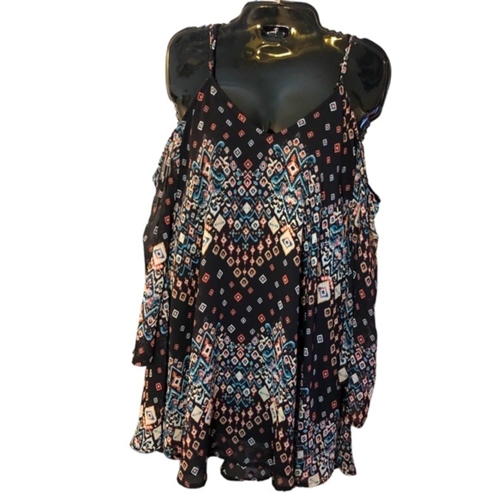 [S] Bohemian Top Cold Shoulder Bell Sleeves Black w/ Teal Coral & Cream …